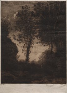 Landschap: Zonsondergang, naar Corot, ca. 1858 door Felix Bracquemond