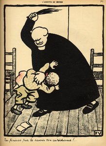 Een priester slaat een jongen, uit 