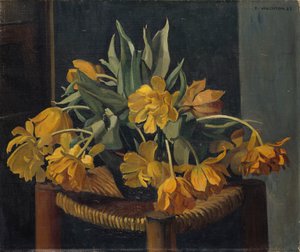 Dubbele Gele Tulpen op een Rotan Stoel door Felix Edouard Vallotton
