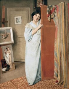 Atelierinterieur met de vrouw van de kunstenaar