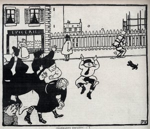 Lieve kinderen! (hé glazenmaker...) tekening van Felix Vallotton (1865-1925) in "Le rire" uit 1898 - privécollectie door Felix Edouard Vallotton