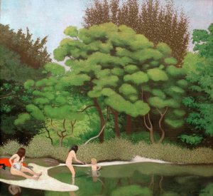 Zonnig boslandschap, met twee vrouwen en een kind door Felix Edouard Vallotton