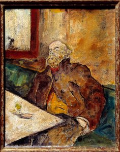 Portret van Paul Verlaine (1844 - 1896), Franse dichter, zittend aan de bar voor een glas absint. Schilderij toegeschreven aan Félix Vallotton (1865-1925)