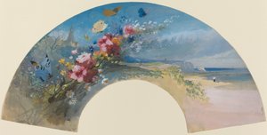 Waaier met Wilde Bloemen en Vlinders tegen de Normandische Kust door Felix Hilaire Buhot
