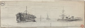 Scheepvaart in de haven van Londen [recto], ca. 1884 door Felix Hilaire Buhot