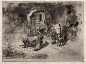 De Bewakers van het Huis, of de Vrienden van de Saltimbanque, ca. 1875 door Felix Hilaire Buhot