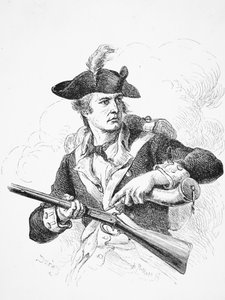 Een Amerikaanse soldaat tijdens de Onafhankelijkheidsoorlog, die zijn poederhoorn gebruikt om de pan van zijn vuursteengeweer te vullen, gegraveerd door A. Bollett (gravure) door Felix Octavius Carr (after) Darley
