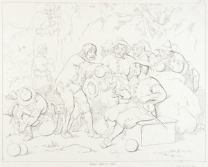 (Rip Van Winkle, illustratie) Rip schenkt drank aan de vreemde mannen in de bergen door Felix Octavius Carr Darley
