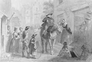 Dorpsscène met Nederlandse koloniale figuren uit het Hosack-album