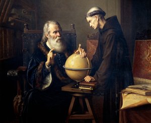 Galileo Galilei (1564-1642) legt zijn theorieën uit aan de Universiteit van Padua, schilderij door Felix Parra (1845-1919)