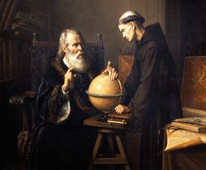Portret van Galileo Galilei die zijn theorieën uitlegt aan de Universiteit van Padua
