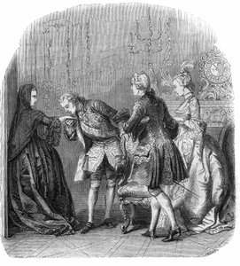 Lodewijk XV kust de hand van de Prinses van Lamballe, in aanwezigheid van de Markies de Richelieu en Melle Lange (toekomstige Gravin van Barry, geboren Jeanne Be