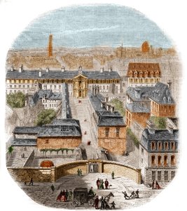 Uitzicht op de Gobelins tapijtfabriek in Parijs, met het Kapucijnenklooster, het Observatorium en het kasteel van de Koningin Blanche. Gravure door Thorigny
