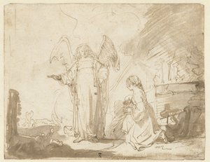 Hagar en de engel bij de bron op weg naar Sur door Ferdinand Bol