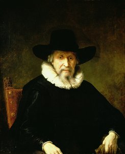 Portret van een heer met een kraag en donkere kleding met een breedgerande hoed door Ferdinand Bol