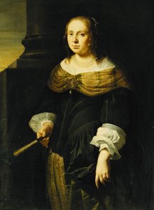 Portret van een Dame, Driekwart Lengte, in een Zwart en Groene Jurk, met een Waaier, op een Portiek