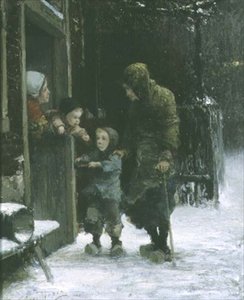 Oude Vrouw en Jonge Jongen Bedelen