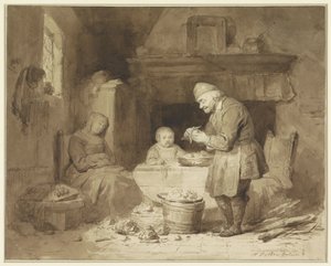 Terwijl een vrouw in slaap is gevallen, schilt een oude man aardappels