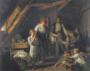 Afscheid van de ouders - het oudste kind zorgt voor broers en zussen in afwezigheid van de ouders door Ferdinand Georg Waldmuller