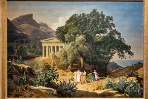Een Dorische Tempel met Castelmola en Taormina op de achtergrond door Ferdinand Georg Waldmuller