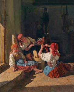 Kinderen versieren een dienstplichtigenhoed, 1854