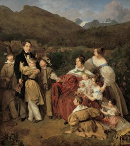De notaris Dr. Josef August Eltz met zijn vrouw Caroline, geb. Schaumburg, en de acht kinderen in Ischl door Ferdinand Georg Waldmuller