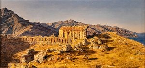 De ruïnes van het Griekse theater van Taormina, richting de Straat van Messina door Ferdinand Georg Waldmuller