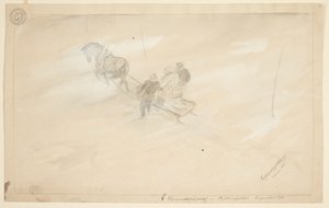 Een slee gezien van boven, getrokken door een paard, met twee zittende personen en een staande ernaast, allemaal van achteren gezien door Ferdinand Kjerulf Tranaas