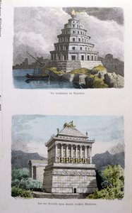 De Grote Vuurtoren van Alexandrië en het Mausoleum van Halicarnassus, uit een serie van de Zeven Wereldwonderen gepubliceerd in Munchener Bilderbogen, 1886 door Ferdinand Knab