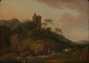 Kasteelruïne met herders en kudde door Ferdinand Kobell