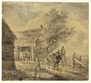 Boerderij met mannen en koeien