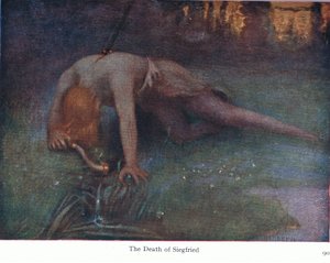 De dood van Siegfried, illustratie uit The Stories of Wagners Operas, uitgegeven door George Harrap & Co Ltd 1932