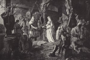Frithjof in de hal van Koning Ring (gravure) door Ferdinand Leeke