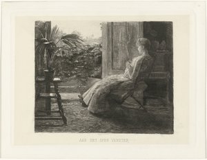 Jonge vrouw, bordurend, bij het open raam