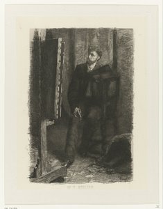 Portret van een kunstenaar staand achter de ezel