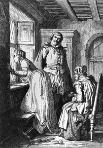 Klaerchen wacht op Egmont, illustratie voor Egmont, tragedie door Johann Wolfgang von Goethe (1749-1832), houtsnede naar tekening door Ferdinand Rothbart (1823-1899) door Ferdinand Rothbart