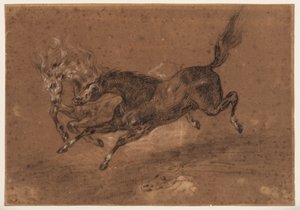 Paarden rennen (recto); Naakte bebaarde man, zittend (verso)
