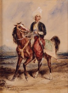 Een Arabische krijger te paard in een landschap (aquarel op papier)