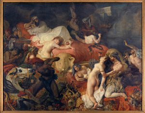 Dood van Sardanapale. Sardanapale, Assyrische koning belegerd door opstanden, liet zijn vrouwen en paarden afslachten voordat hij zichzelf doodde. Schilderij door Eugene Delacroix (1798-1863) door Ferdinand Victor Eugene Delacroix