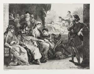 Hamlet: Hamlet beveelt de acteurs een scène uit de vergiftiging van zijn vader te spelen, 1834 door Ferdinand Victor Eugene Delacroix