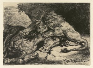 Leeuw die een paard verslindt, 1844 door Ferdinand Victor Eugene Delacroix