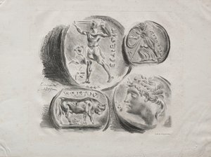 Blad met Vier Antieke Medailles, 1825 door Ferdinand Victor Eugene Delacroix