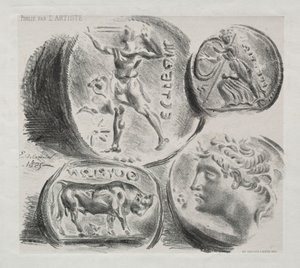 Blad met vier antieke medailles door Ferdinand Victor Eugene Delacroix