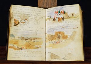Schetsen van Arabieren, landschappen van Marokko, Arabische menigten, Poort van Meknes en handgeschreven notities ... door Ferdinand Victor Eugene Delacroix