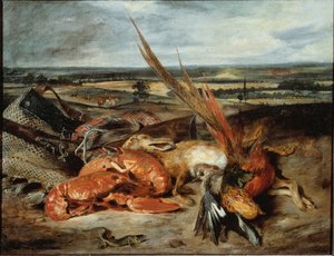 Stilleven met kreeft en trofeeën van jacht en visserij door Ferdinand Victor Eugene Delacroix