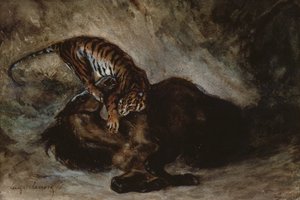 Tijger die een paard aanvalt door Ferdinand Victor Eugene Delacroix