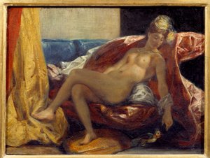 Vrouw die een papegaai snijdt. Schilderij door Eugene Delacroix (1798-1863)