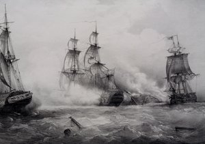 Gevecht tussen Britse en Amerikaanse derdeklas zeilschepen met 74 kanonnen, lithografie door Ferdinand Perrot