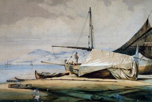 Leudi, Ligurische vissersboot, kleurenlithografie door Ferdinand Perrot
