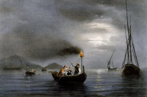 Nachtvissen met vislamp, Kleurenlithografie door Ferdinand Perrot (1808-1841)